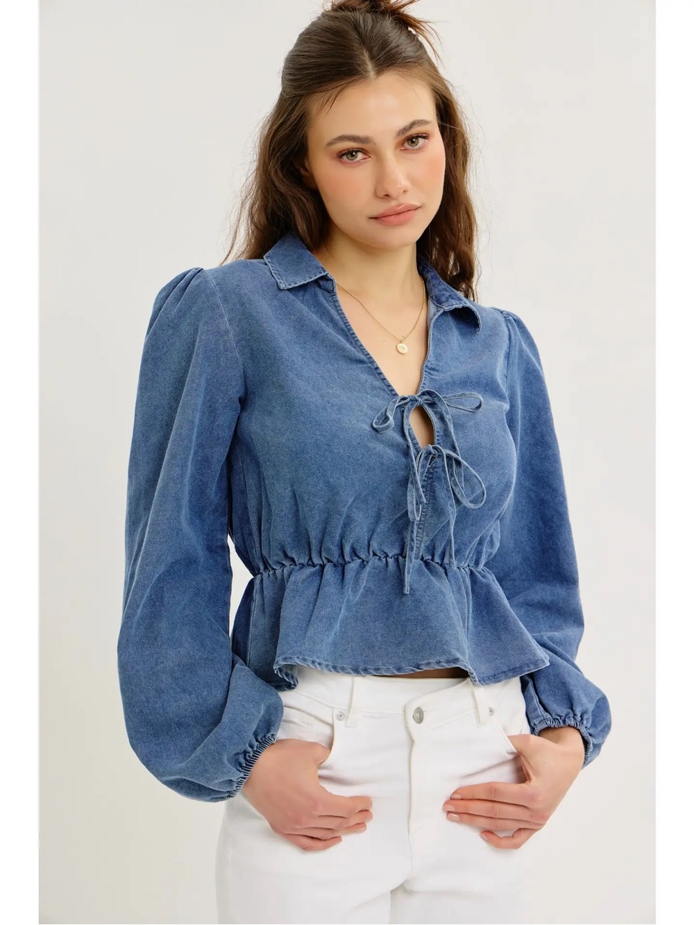 (701) Denim Washed To Perfection Drop-Waist Blouse with Bow Ties - L - NWT